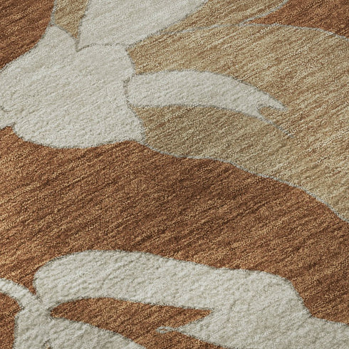 8' Terra Cotta And Beige Floral Washable Round Rug With UV Protection