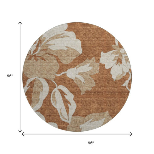8' Terra Cotta And Beige Floral Washable Round Rug With UV Protection