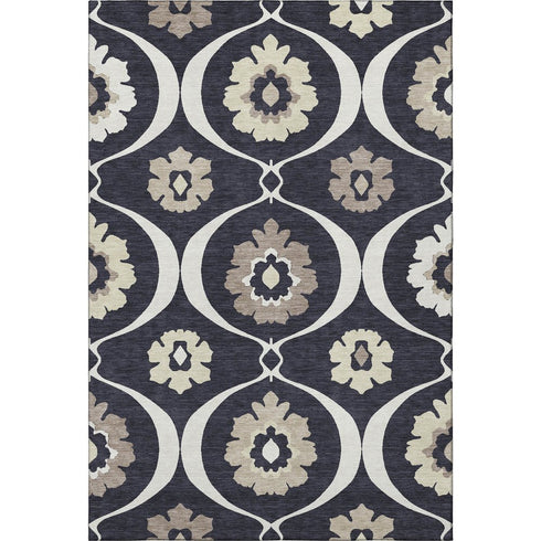 5' X 8' Black And Ivory Medallion Washable Area Rug With UV Protection