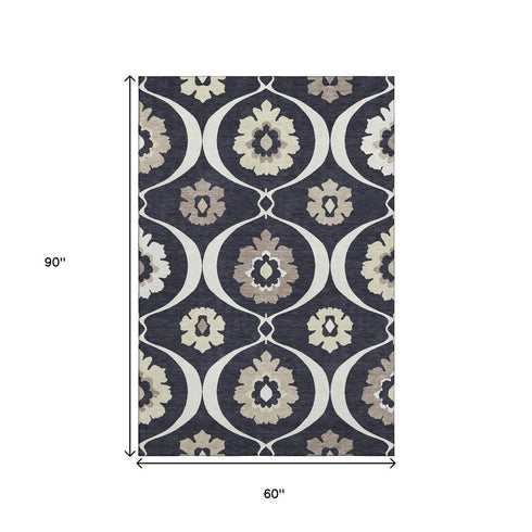 5' X 8' Black And Ivory Medallion Washable Area Rug With UV Protection