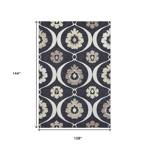 9' X 12' Black And Ivory Medallion Washable Area Rug With UV Protection