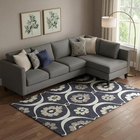 9' X 12' Black And Ivory Medallion Washable Area Rug With UV Protection