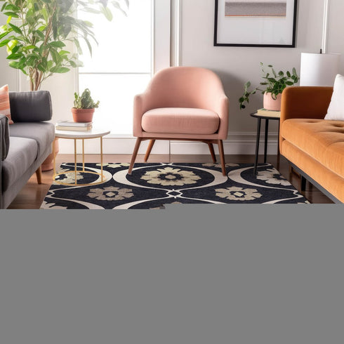 9' X 12' Black And Ivory Medallion Washable Area Rug With UV Protection