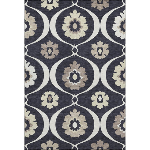 9' X 12' Black And Ivory Medallion Washable Area Rug With UV Protection