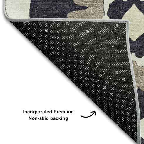 9' X 12' Black And Ivory Medallion Washable Area Rug With UV Protection