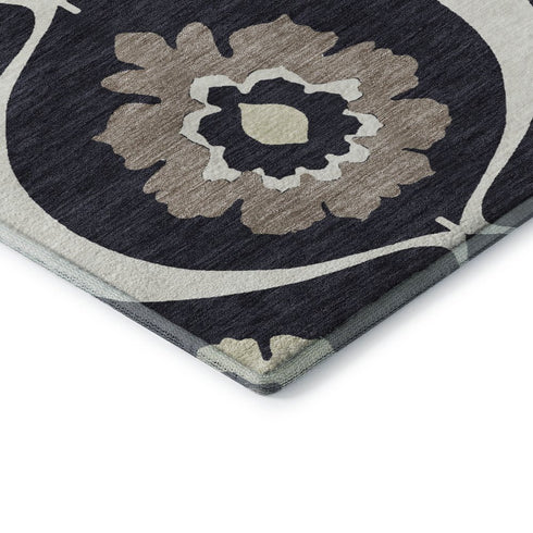 9' X 12' Black And Ivory Medallion Washable Area Rug With UV Protection