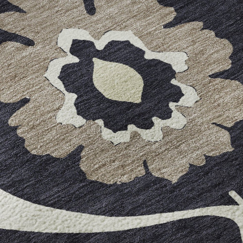 9' X 12' Black And Ivory Medallion Washable Area Rug With UV Protection