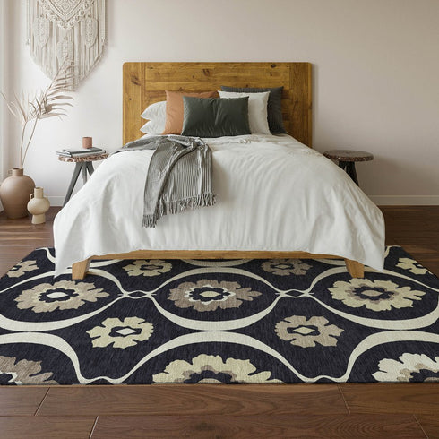 9' X 12' Black And Ivory Medallion Washable Area Rug With UV Protection