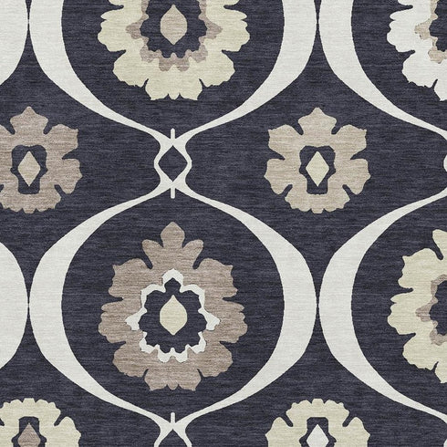 9' X 12' Black And Ivory Medallion Washable Area Rug With UV Protection