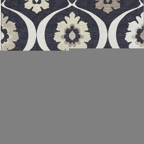 9' X 12' Black And Ivory Medallion Washable Area Rug With UV Protection
