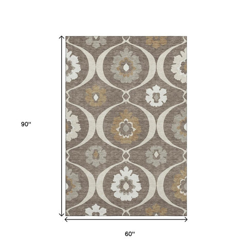 5' X 8' Brown Beige And Ivory Medallion Washable Area Rug With UV Protection