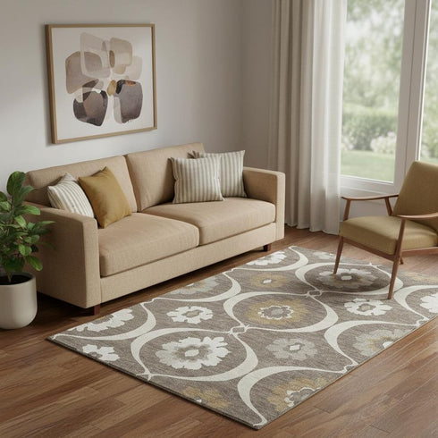 5' X 8' Brown Beige And Ivory Medallion Washable Area Rug With UV Protection