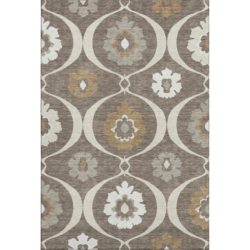 5' X 8' Brown Beige And Ivory Medallion Washable Area Rug With UV Protection