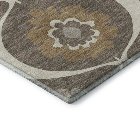 5' X 8' Brown Beige And Ivory Medallion Washable Area Rug With UV Protection