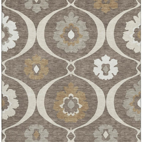 5' X 8' Brown Beige And Ivory Medallion Washable Area Rug With UV Protection