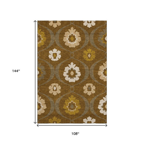 9' X 12' Coffee Gold And Beige Medallion Washable Area Rug With UV Protection