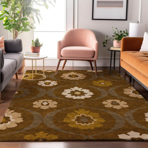 9' X 12' Coffee Gold And Beige Medallion Washable Area Rug With UV Protection