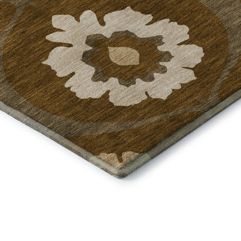 9' X 12' Coffee Gold And Beige Medallion Washable Area Rug With UV Protection