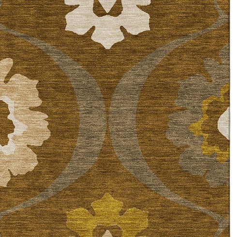 9' X 12' Coffee Gold And Beige Medallion Washable Area Rug With UV Protection