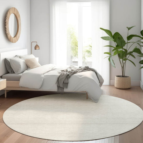 8' Ivory And Beige Striped Washable Round Rug With UV Protection