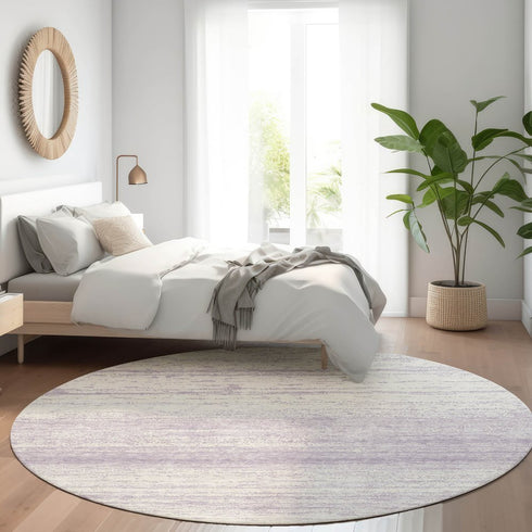 8' Lavender And Ivory Striped Washable Round Rug With UV Protection