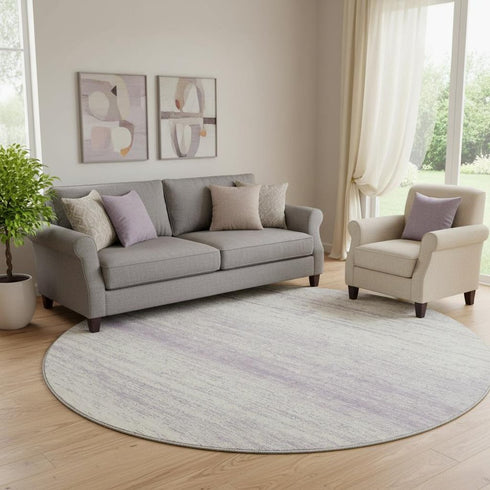 8' Lavender And Ivory Striped Washable Round Rug With UV Protection