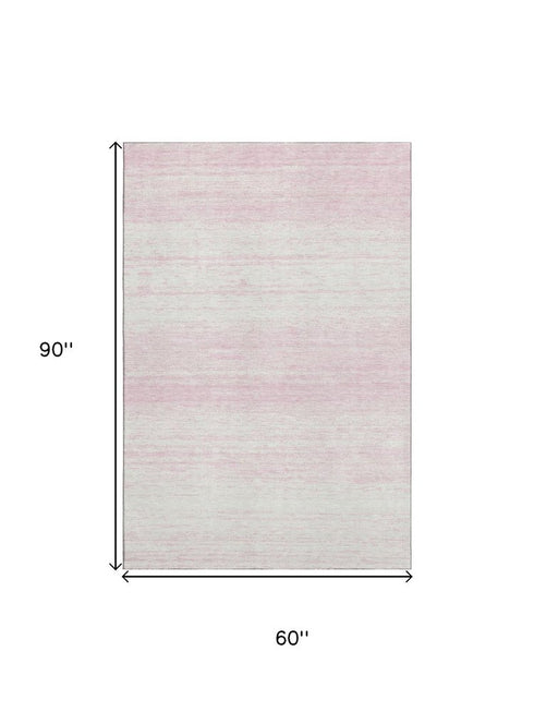 5' X 8' Pink And Ivory Striped Washable Area Rug With UV Protection