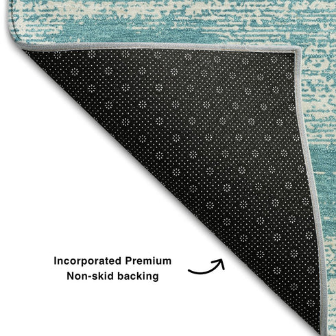 8' Teal And Ivory Striped Washable Round Rug With UV Protection