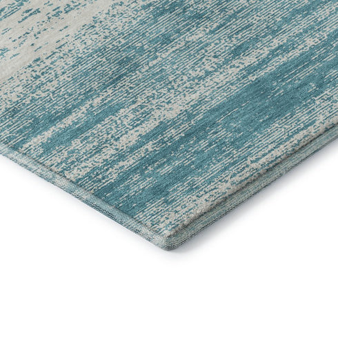 8' Teal And Ivory Striped Washable Round Rug With UV Protection