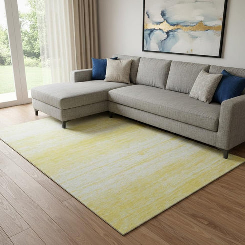 9' X 12' Yellow And Ivory Striped Washable Area Rug With UV Protection
