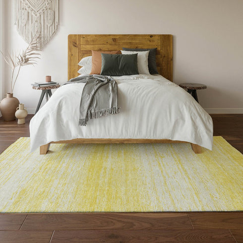 9' X 12' Yellow And Ivory Striped Washable Area Rug With UV Protection