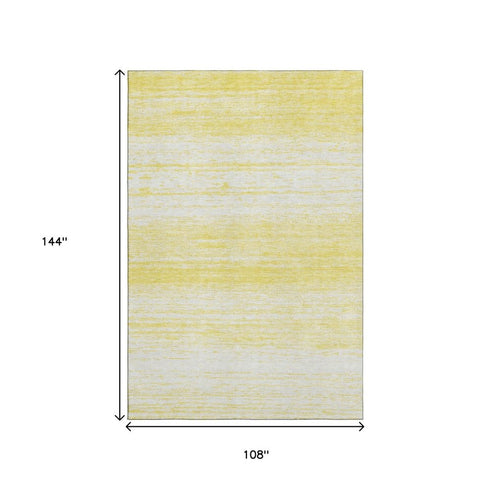 9' X 12' Yellow And Ivory Striped Washable Area Rug With UV Protection