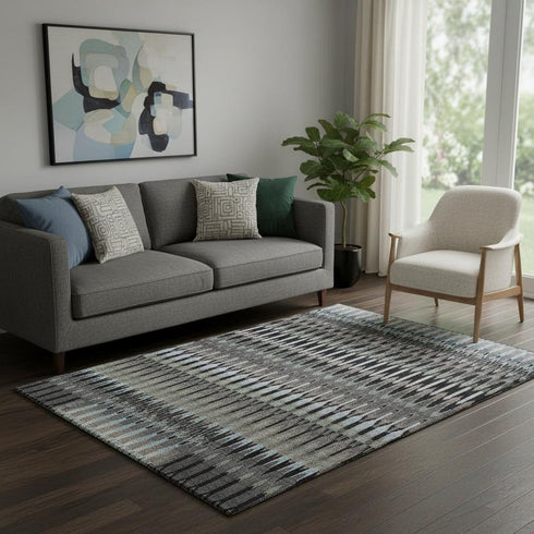 5' X 8' Black Gray And Blue Southwestern Washable Area Rug With UV Protection