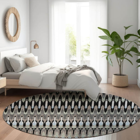 8' Black Gray And Blue Southwestern Washable Round Rug With UV Protection
