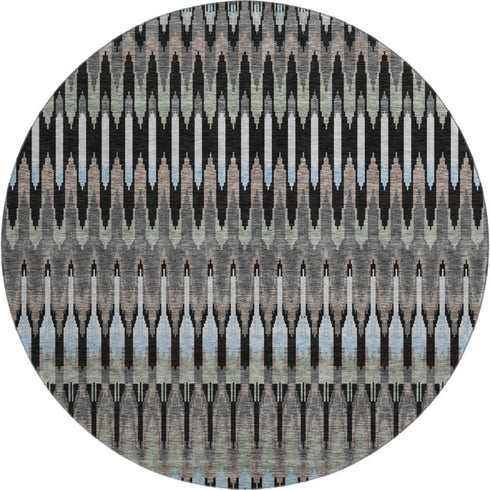 8' Black Gray And Blue Southwestern Washable Round Rug With UV Protection