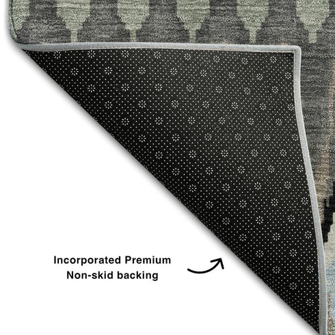 8' Black Gray And Blue Southwestern Washable Round Rug With UV Protection