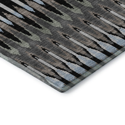 8' Black Gray And Blue Southwestern Washable Round Rug With UV Protection