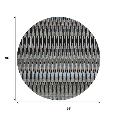 8' Black Gray And Blue Southwestern Washable Round Rug With UV Protection