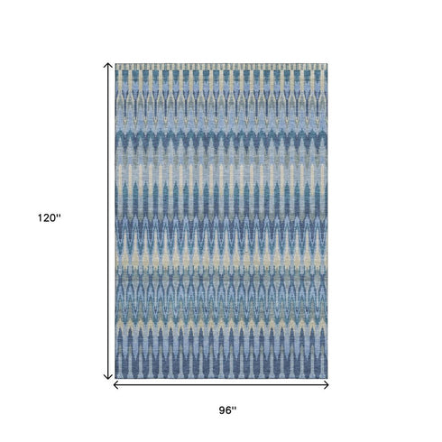 8' X 10' Denim Blue And Gray Southwestern Washable Area Rug With UV Protection