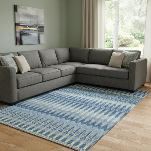 8' X 10' Denim Blue And Gray Southwestern Washable Area Rug With UV Protection