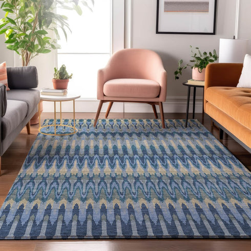 9' X 12' Denim Blue And Gray Southwestern Washable Area Rug With UV Protection