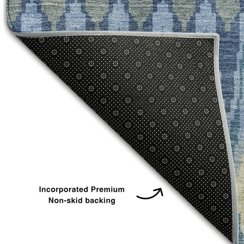 9' X 12' Denim Blue And Gray Southwestern Washable Area Rug With UV Protection