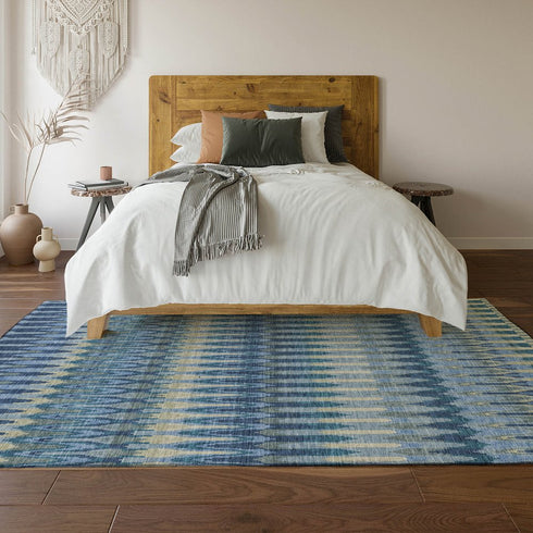 9' X 12' Denim Blue And Gray Southwestern Washable Area Rug With UV Protection