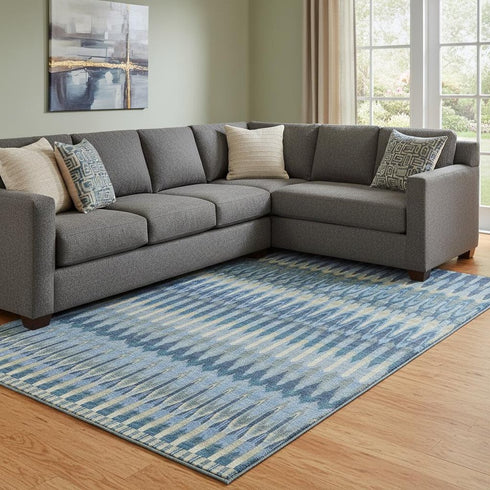 9' X 12' Denim Blue And Gray Southwestern Washable Area Rug With UV Protection