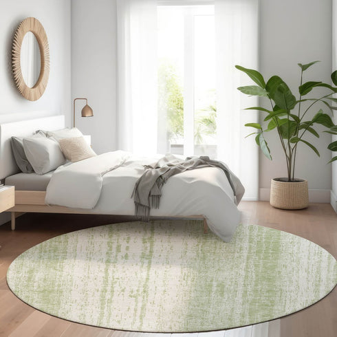 8' Artichoke Green And Ivory Striped Washable Round Rug With UV Protection
