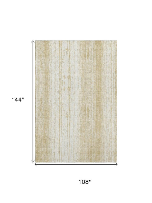 9' X 12' Gold And Ivory Striped Washable Area Rug With UV Protection