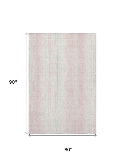 5' X 8' Pink And Ivory Striped Washable Area Rug With UV Protection