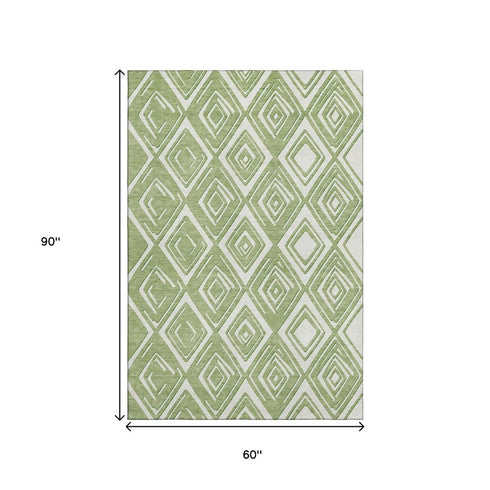 5' X 8' Green And Ivory Geometric Washable Area Rug With UV Protection