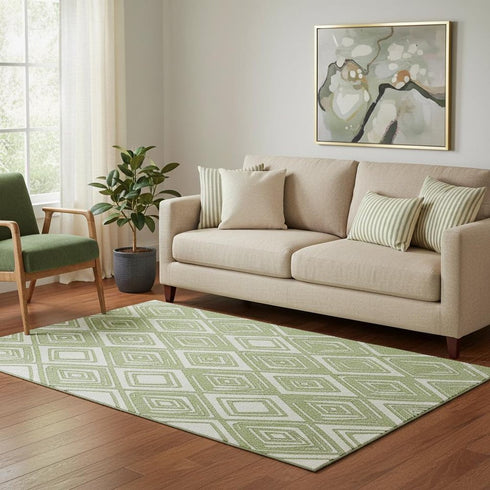 5' X 8' Green And Ivory Geometric Washable Area Rug With UV Protection