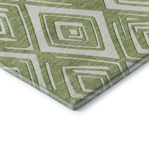 5' X 8' Green And Ivory Geometric Washable Area Rug With UV Protection